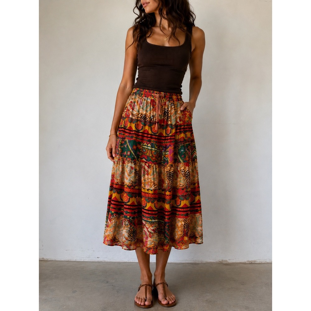 VTG Passports Of Pier 1 Multicolor Tiered Maxi Skirt Medium Boho Festival